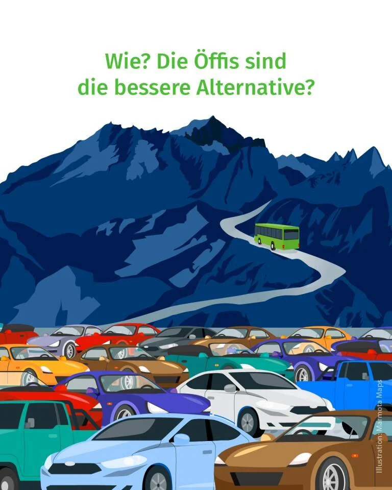 Comicbild eines Staus im Tal. Im Hintergrnd fährt ein grüner Bus auf den Berg | © DAV/Marmota Maps